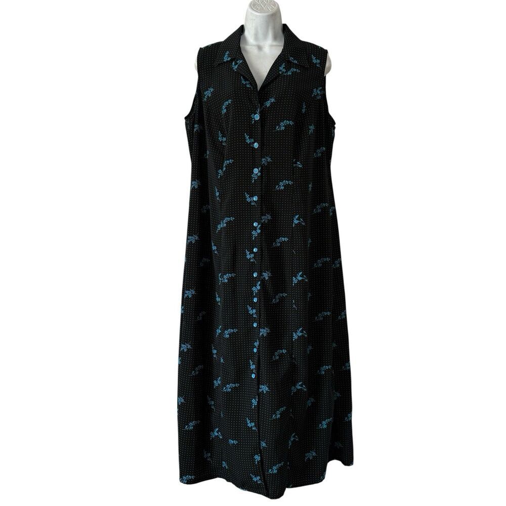 Studio I Shirt Dress Womens 12W Black Blue Floral Polka Dot Sleeveless Cottage